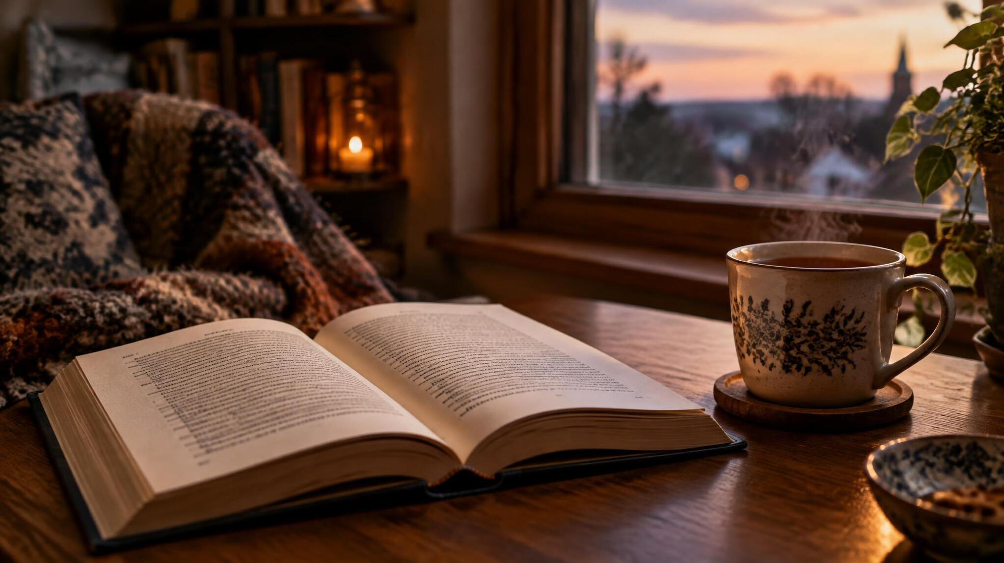 Open hardcover novel and a cup of tea on a table by a window at dusk