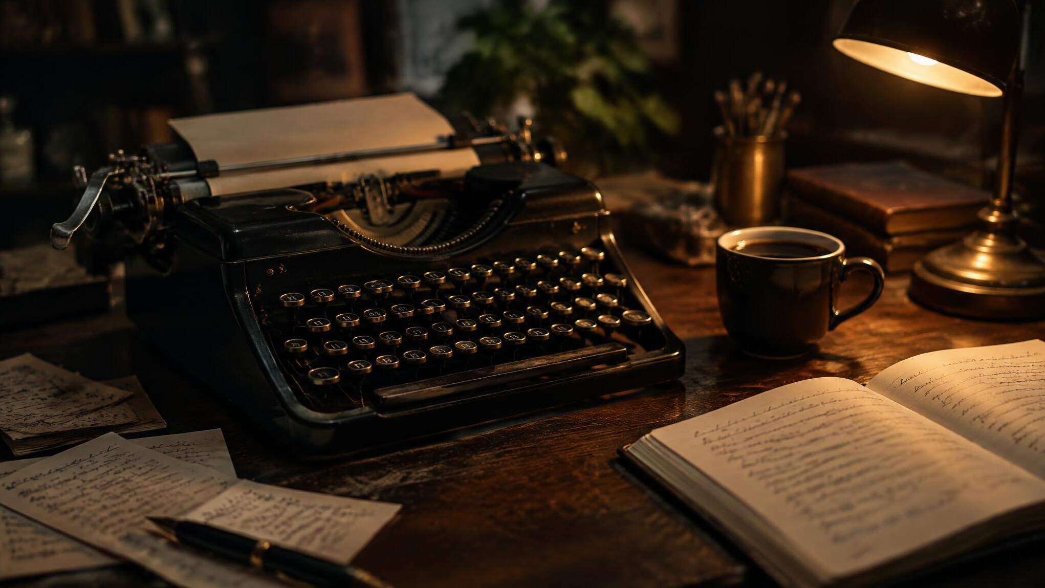 Vintage typewriter on a wooden desk with scattered notes and a cup of coffee