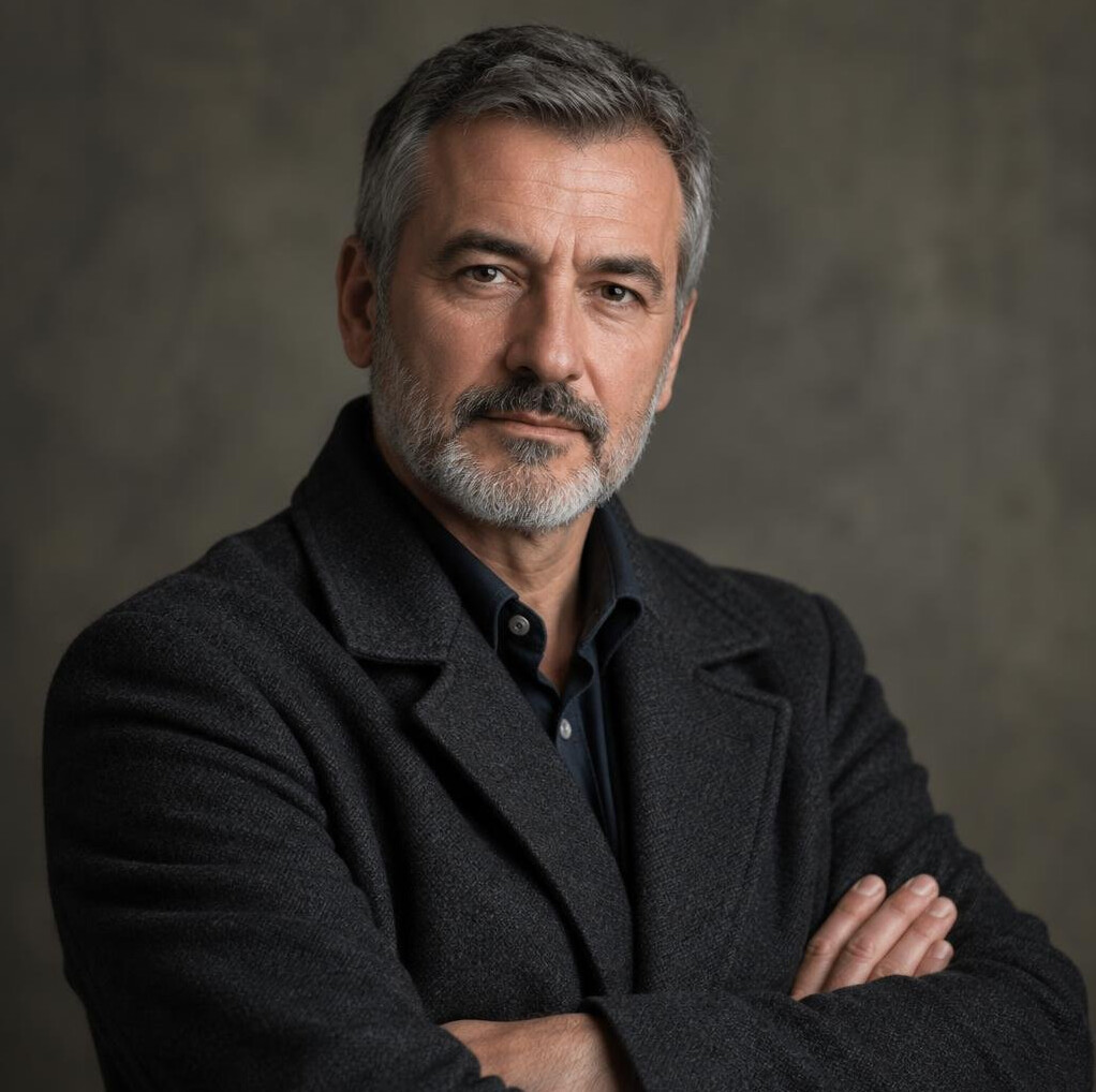 Studio portrait of a middle-aged Croatian male mystery writer in a dark coat