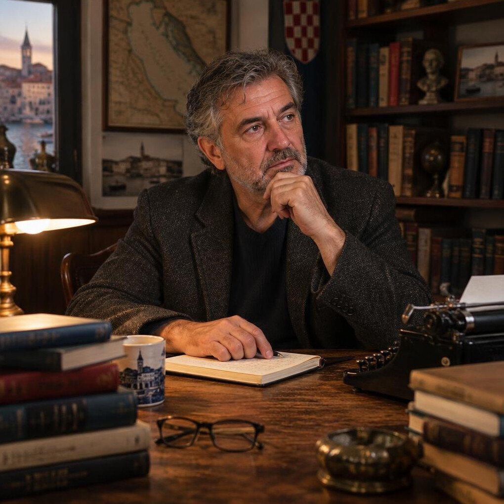 Croatian author sitting at a wooden desk with notebooks and a typewriter