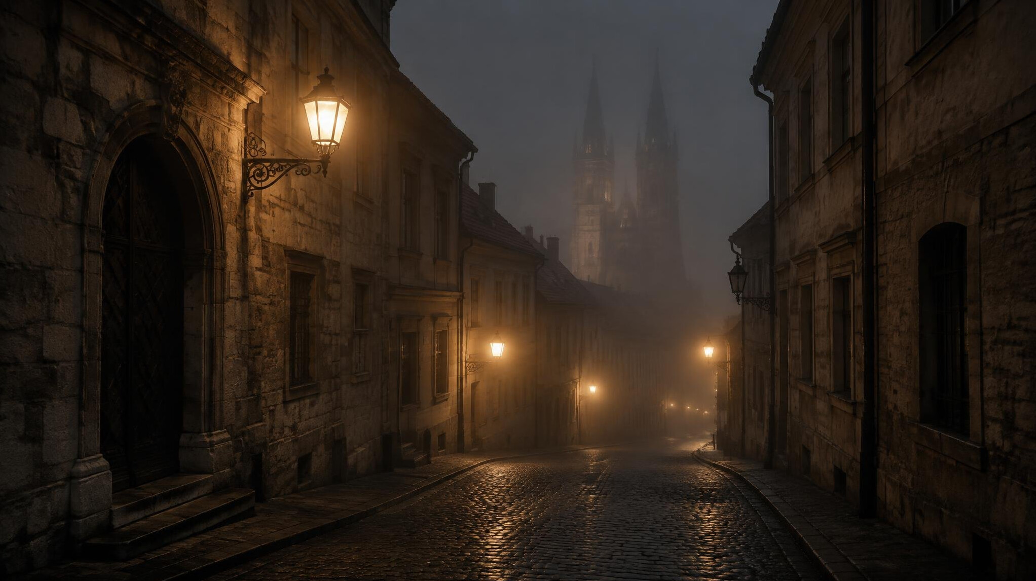 Foggy cobblestone street in the old town of Zagreb at night